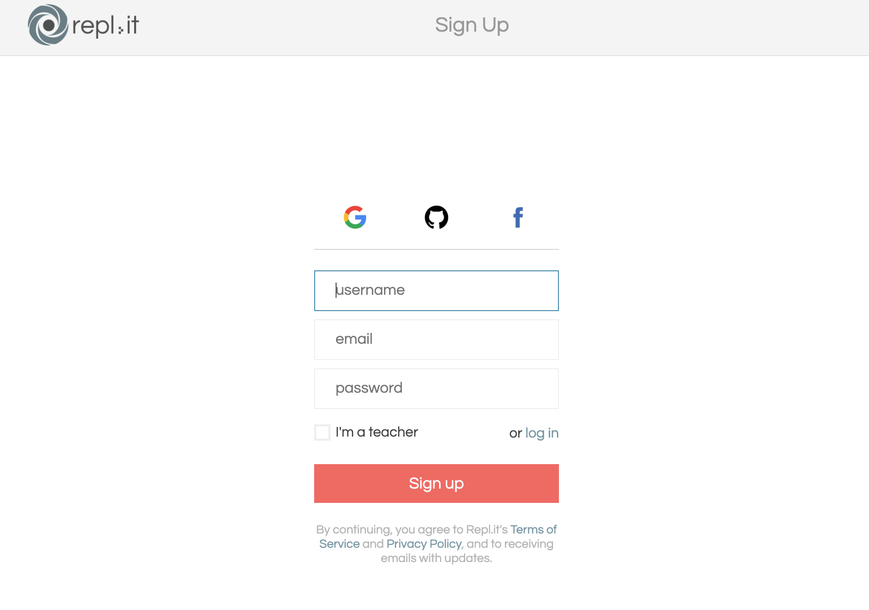 repl.it sign-up page